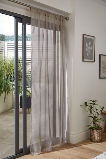 Natural Linen Look Voile Slot Top Sheer Panel Curtain