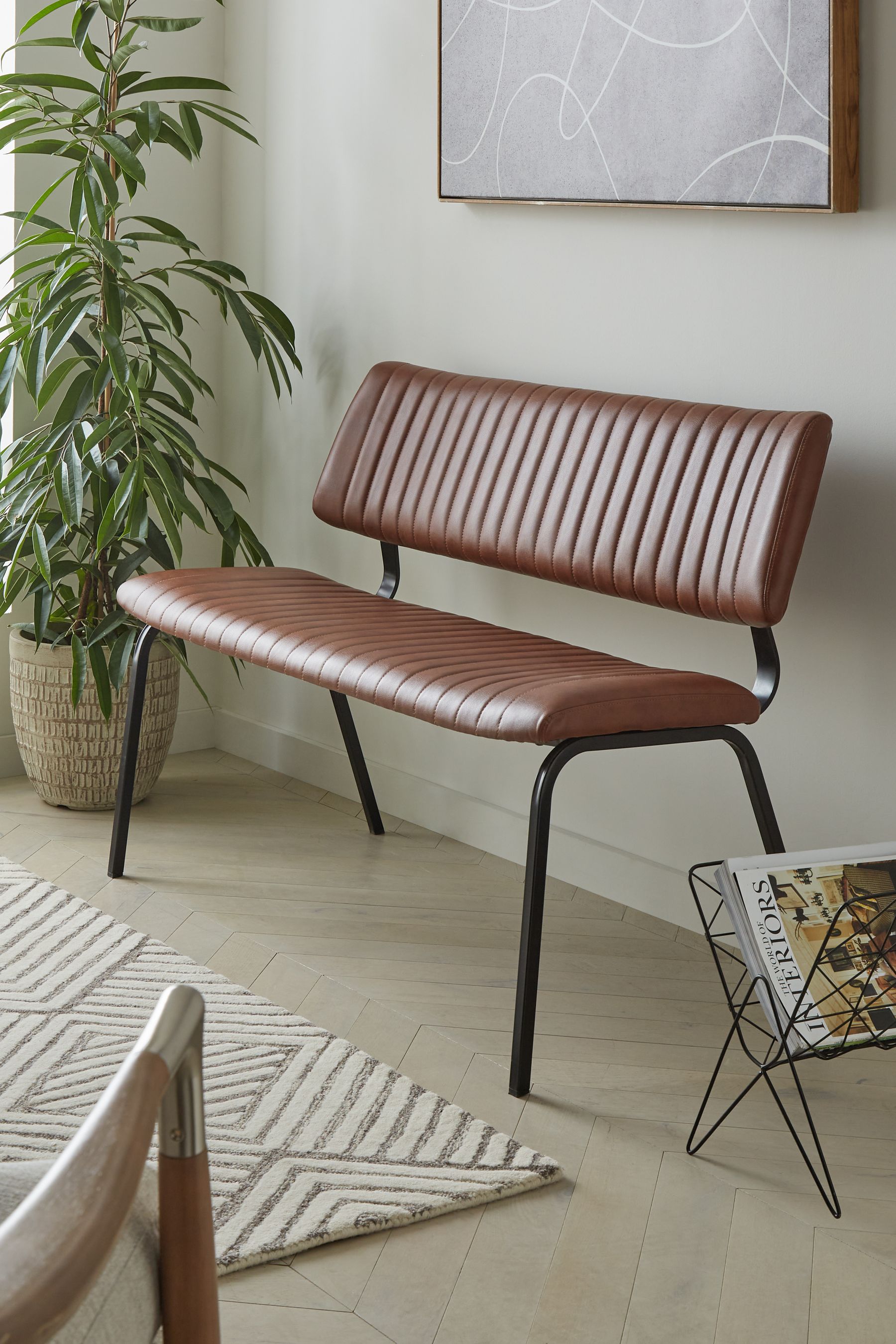 Brown leather discount dining bench