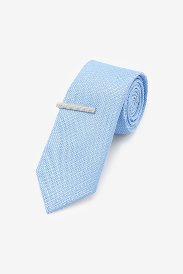Light Blue Slim Textured Tie And Clip