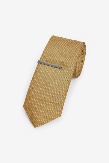 Mustard Yellow Slim Textured Tie And Clip