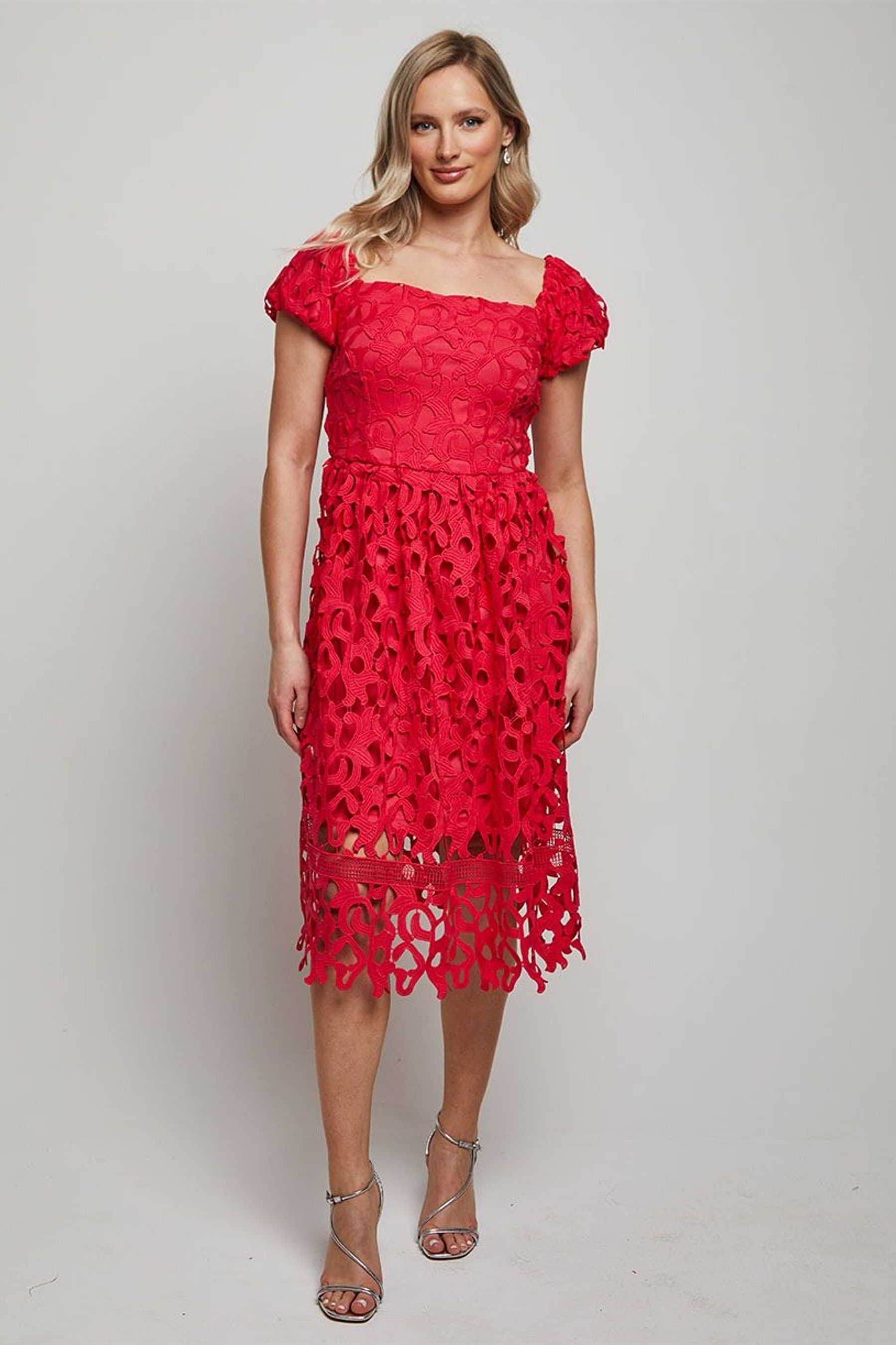Chi Chi London Pink Bardot Premium Lace Fit and Flare Midi Dress