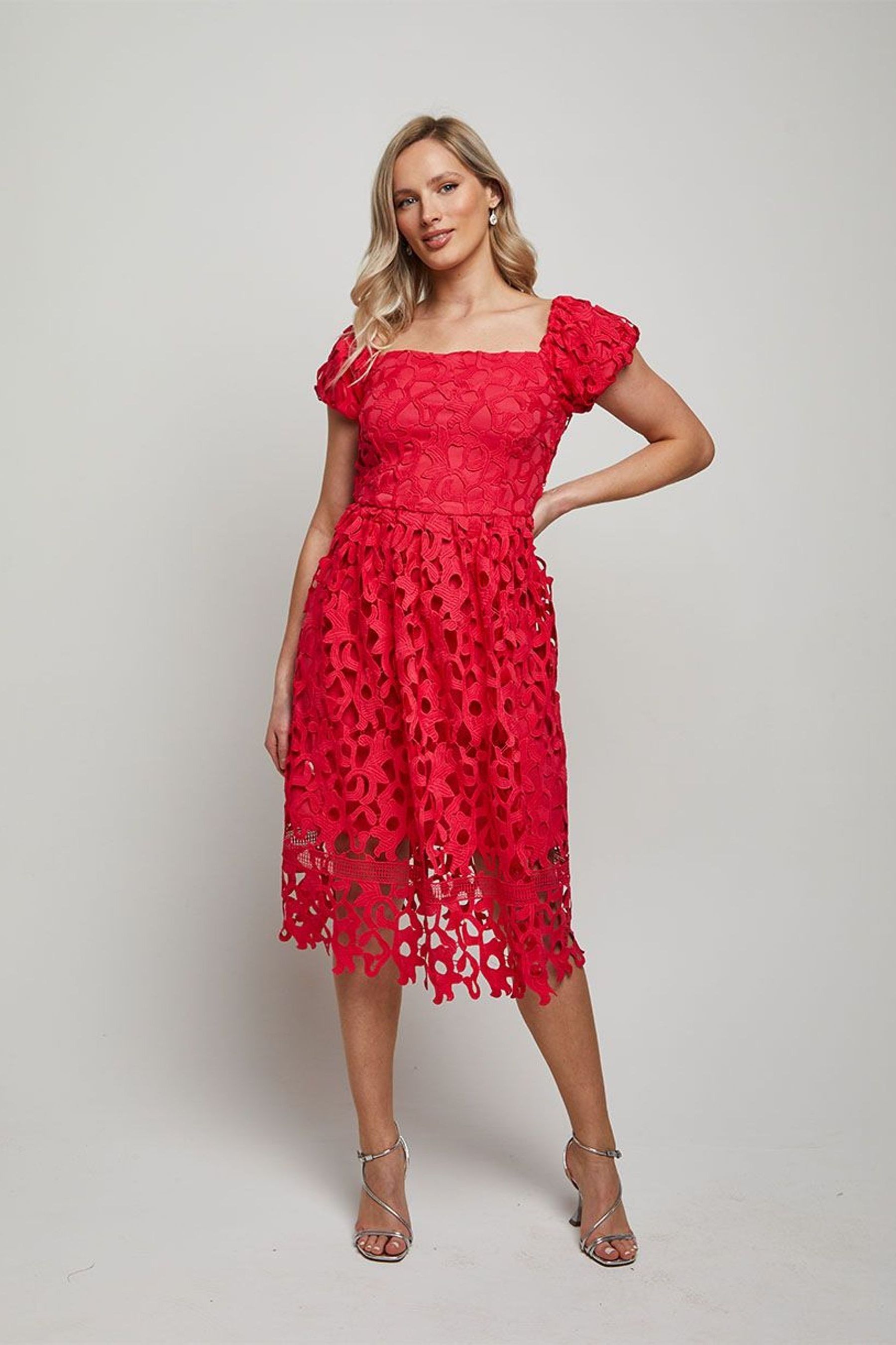 Chi Chi London Pink Bardot Premium Lace Fit and Flare Midi Dress