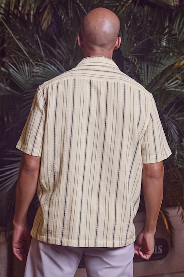 White Textured Stripe Short Sleeve Cuban Collar Shirt