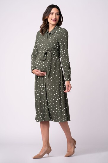 Seraphine Green Maternity And Nursing Midi Wrap Shirt Dress With Slits