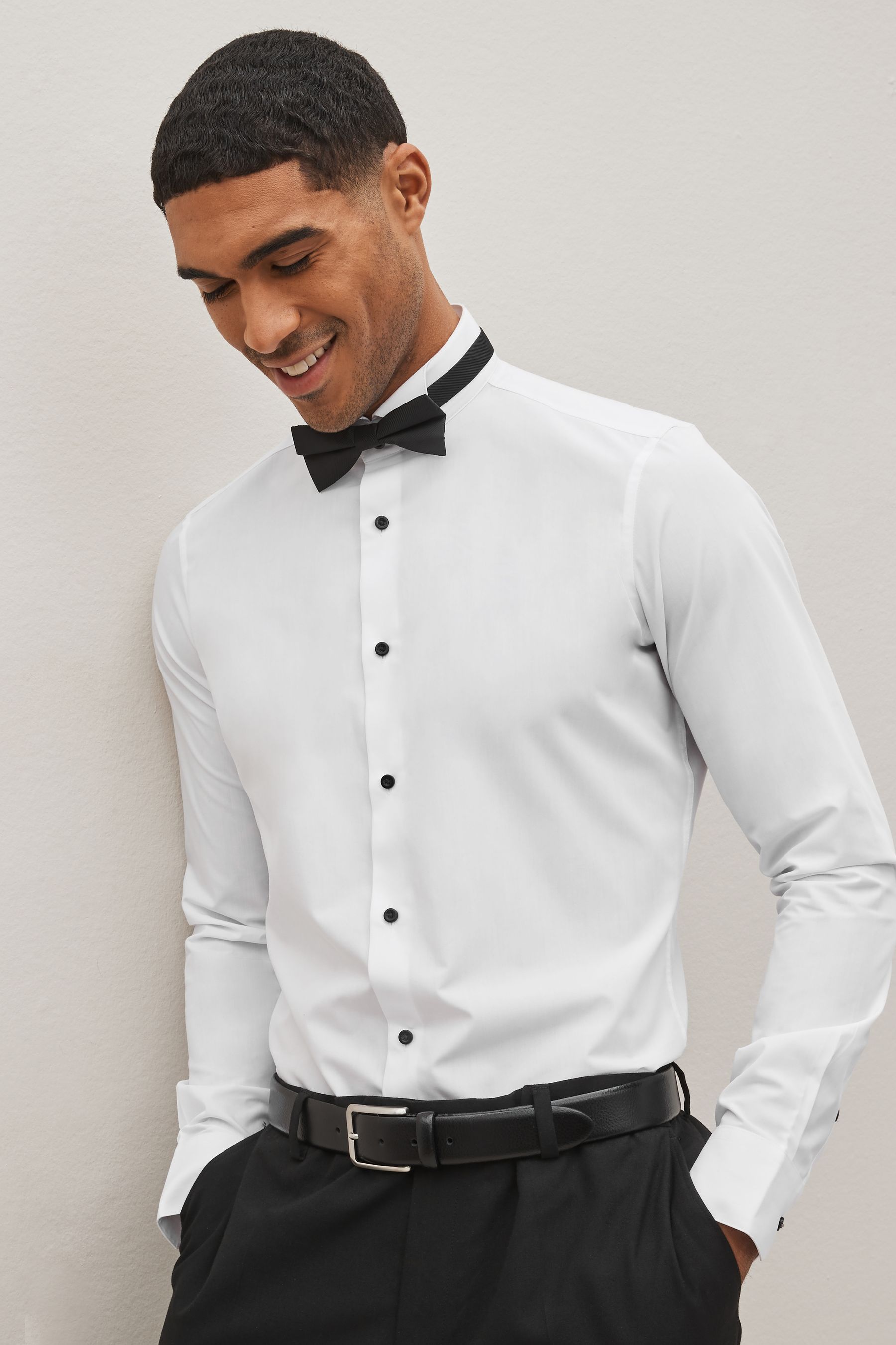 Black dress shirt shop white bow tie