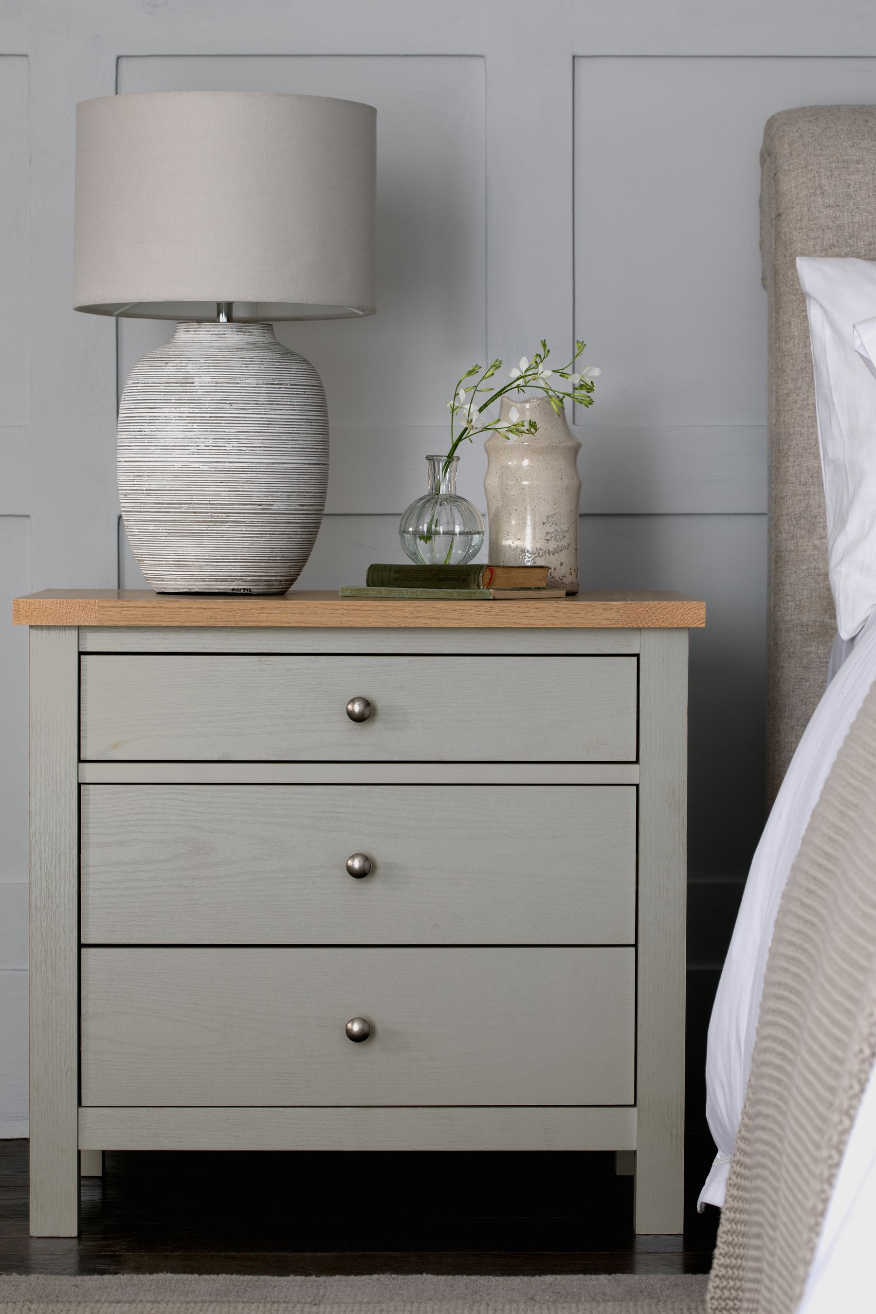 Buy Dove Grey Malvern Paint Effect 3 Drawer Wide Bedside Table from the