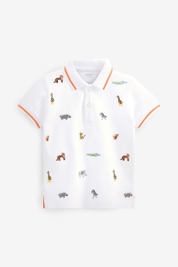 White Safari Embroidered Pique Jersey Polo Shirt (3mths-7yrs)