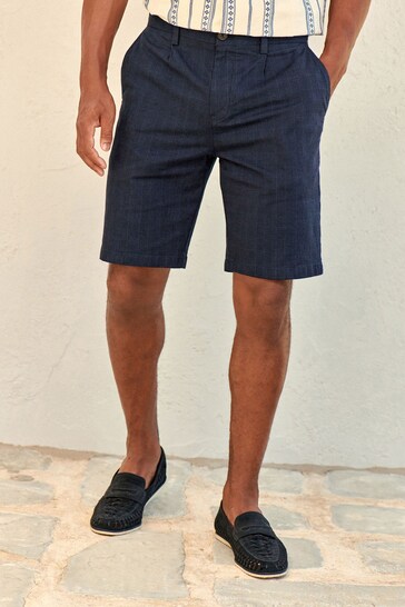 Navy Blue Check Straight Pleat Chino Shorts