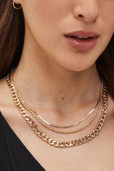 Gold Tone Three Layer Chain Necklace