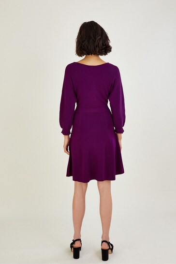 Monsoon Purple Pleat Cuff Short Knit Dress