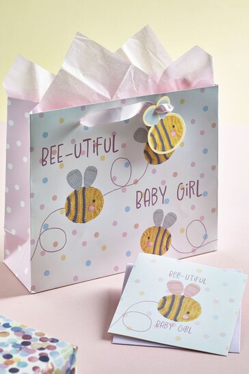 Pink Baby Girl Bee Gift Bag Anna and Card Set