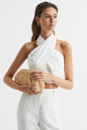 Reiss Neutral Delilah Raffia Ruched Clutch logo-embroidered Bag