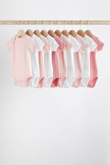 Pink/White 10 Pack Short Sleeve Baby Bodysuits