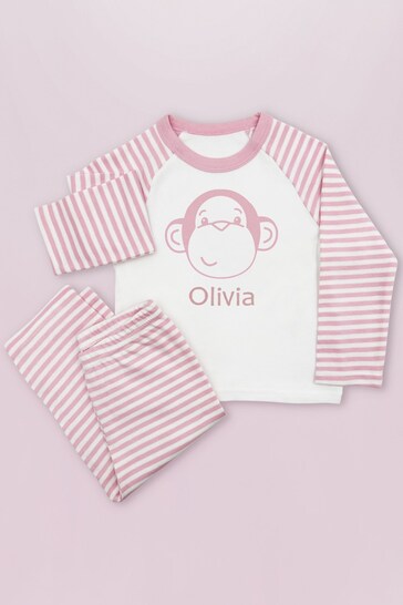 Babyblooms Monkey Soft Toy with Personalised Pink Stripe Pyjamas