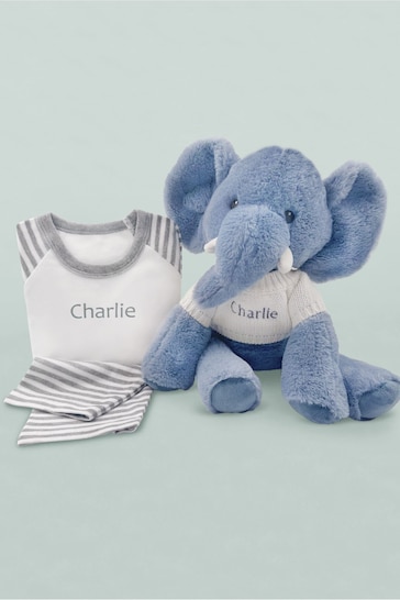 Babyblooms Blue Personalised Elephant Soft Toy with Grey Stripe Pyjamas