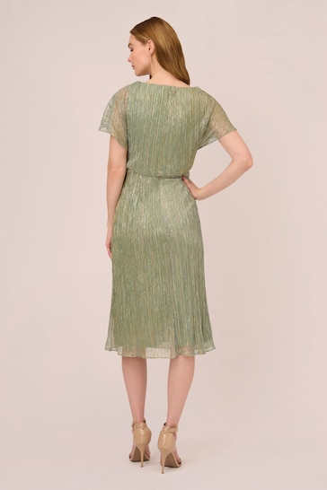 Adrianna Papell Green Metallic Crinkle Midi Dress