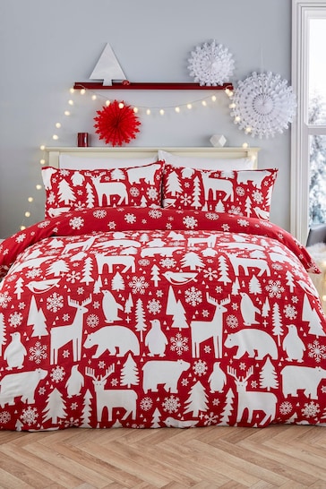 Fusion Red Christmas Arctic Animals Duvet Cover and Pillowcase Set