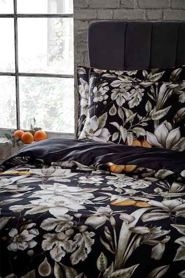 EW by Edinburgh Weavers Black Lavish Botanical 200 Thread Count Cotton Sateen Co Duvet Cover And Pillowcase Set