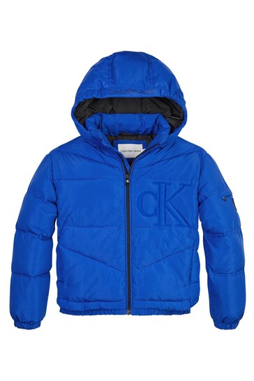 Calvin Klein Boys Blue Monogram Logo Puffer Jacket
