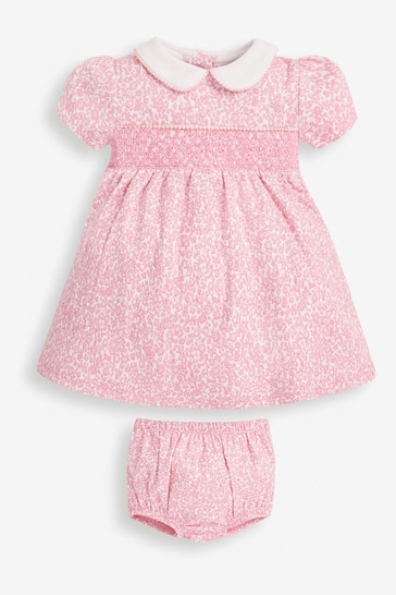 JoJo Maman Bébé Pink Ditsy Floral Smocked Jersey Dress