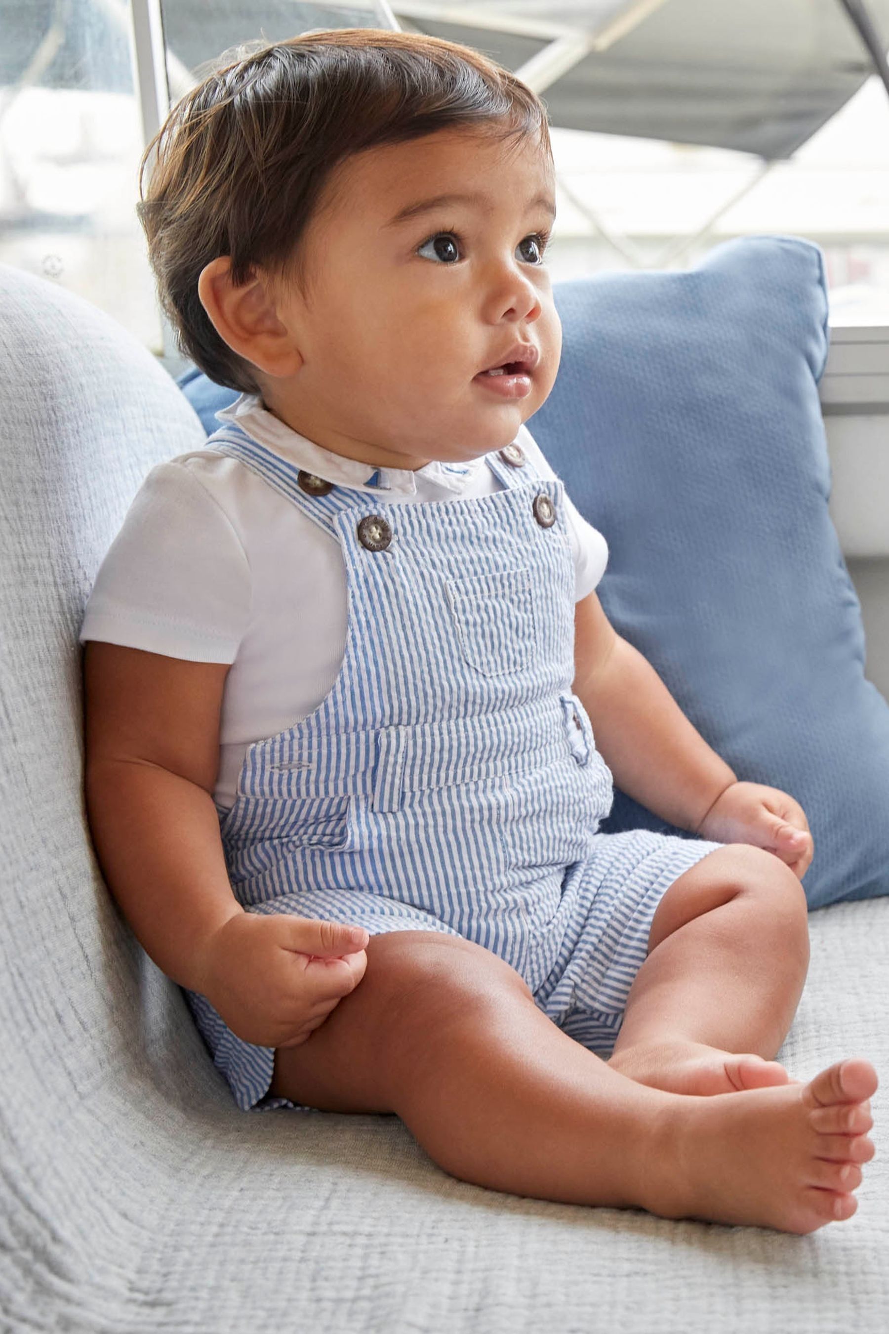 JoJo Maman B b Blue Seersucker Stripe Dungarees