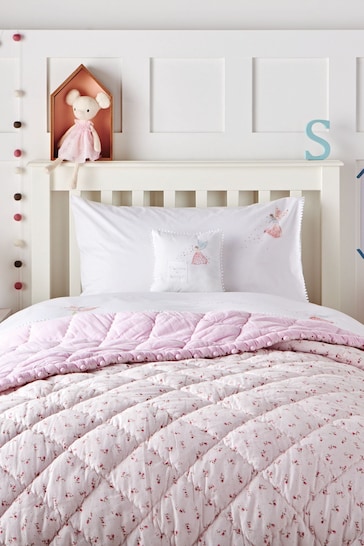 The White Company Pink Reversible Floral PomPom Quilt