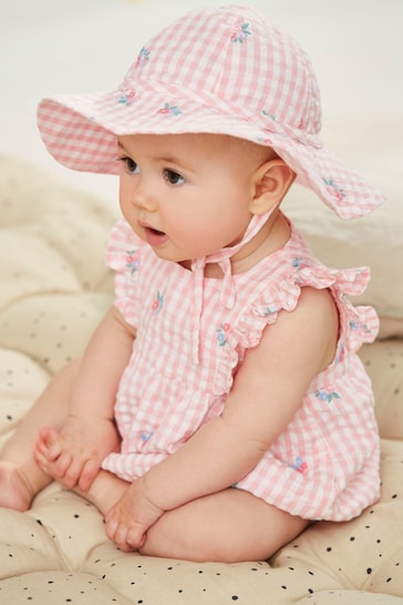 JoJo Maman Bébé Pink Gingham Embroidered Bubble Baby Romper & Hat Set