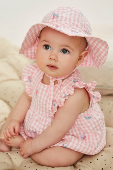 JoJo Maman Bébé Pink Gingham Embroidered Bubble Baby Romper & Hat Set