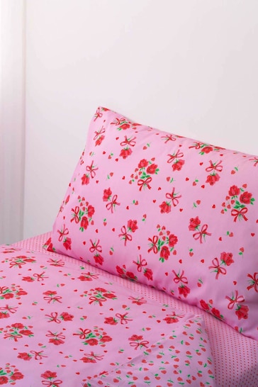 Rachel Riley Pink Strawberry Rose Cot Bed Duvet Cover and Pillowcase Set