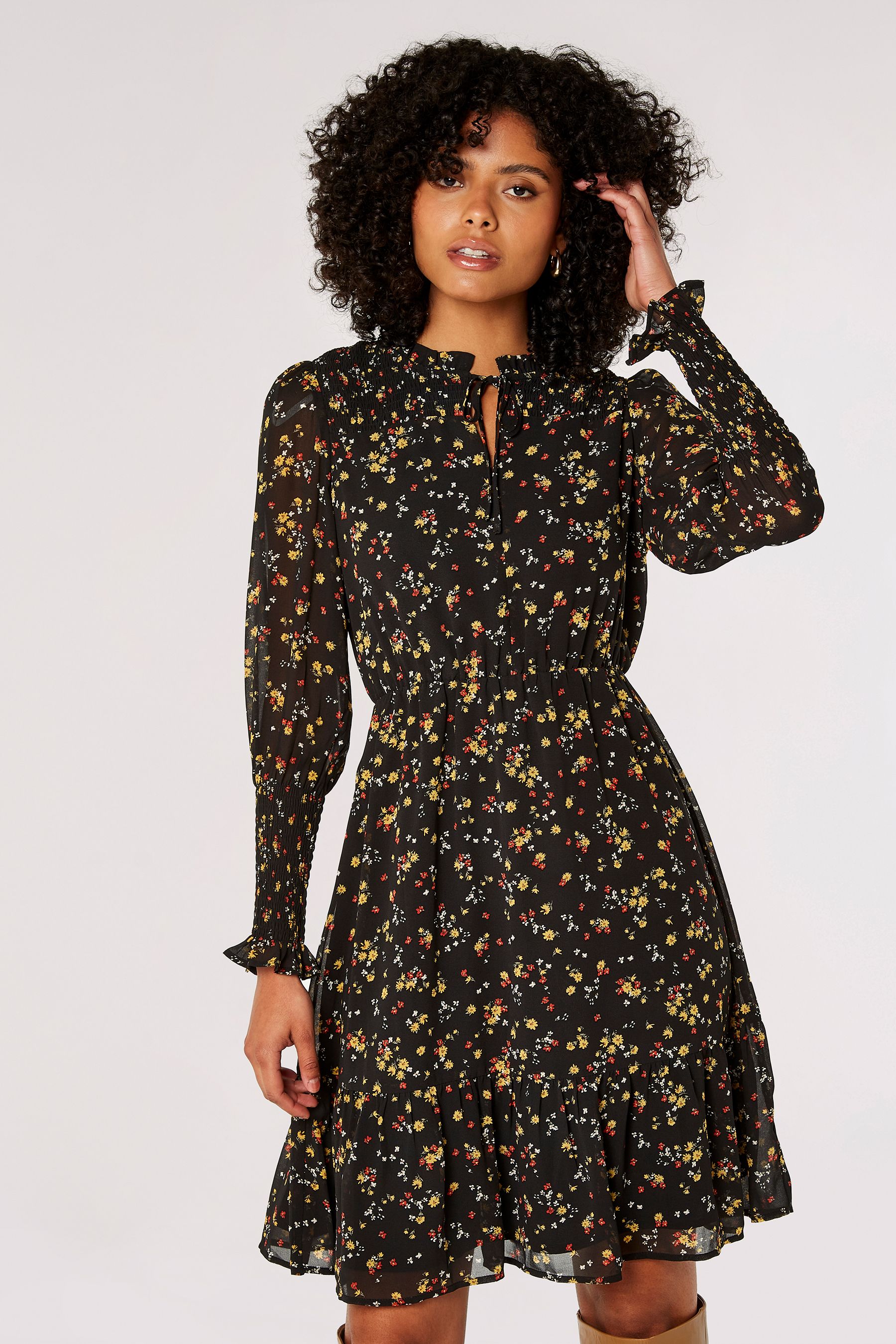 Apricot black floral best sale dress