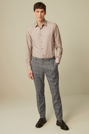 Neutral Brown Slim Fit Textured Trimmed Single Cuff Shirt