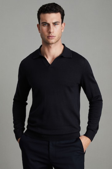 Reiss Navy Milburn Merino Wool Open Collar Polo Shirt