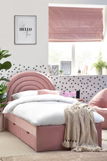 Opulent Velvet Blush Pink Rainbow Kids Upholstered Drawer Storage Bed Frame