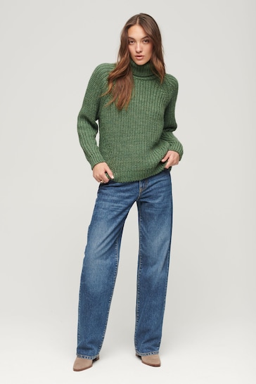 Superdry Green Slouchy Stitch Roll Neck Knit Jumper