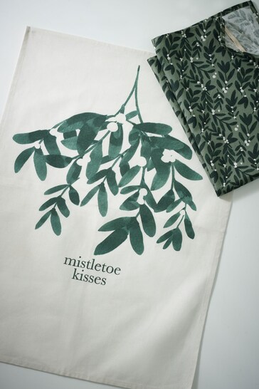 Set of 2 Green Mistletoe Tea Towels