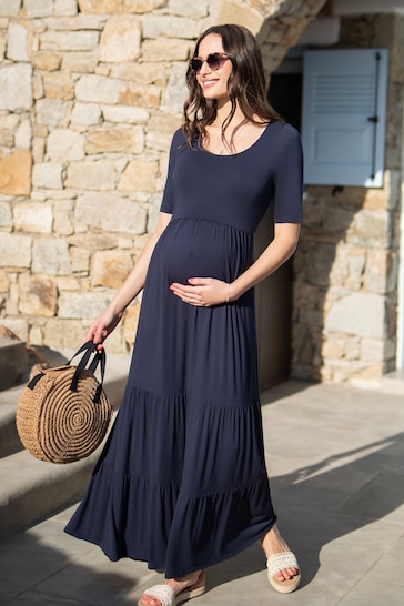 Seraphine Blue Tiered Maxi Dress With Nursing Access