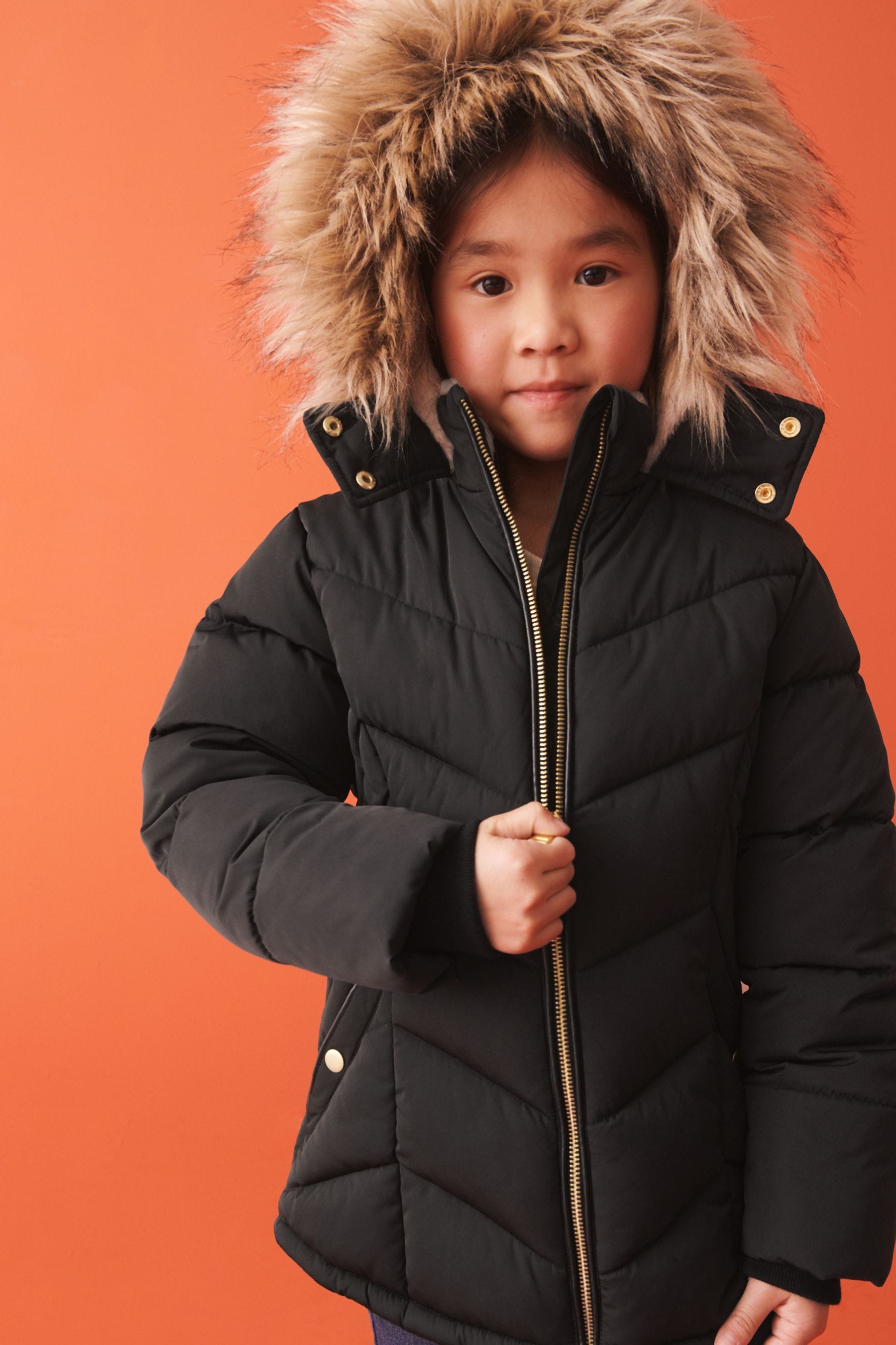 Buy Black Shower Resistant Faux Fur Trim Short Padded Coat 3