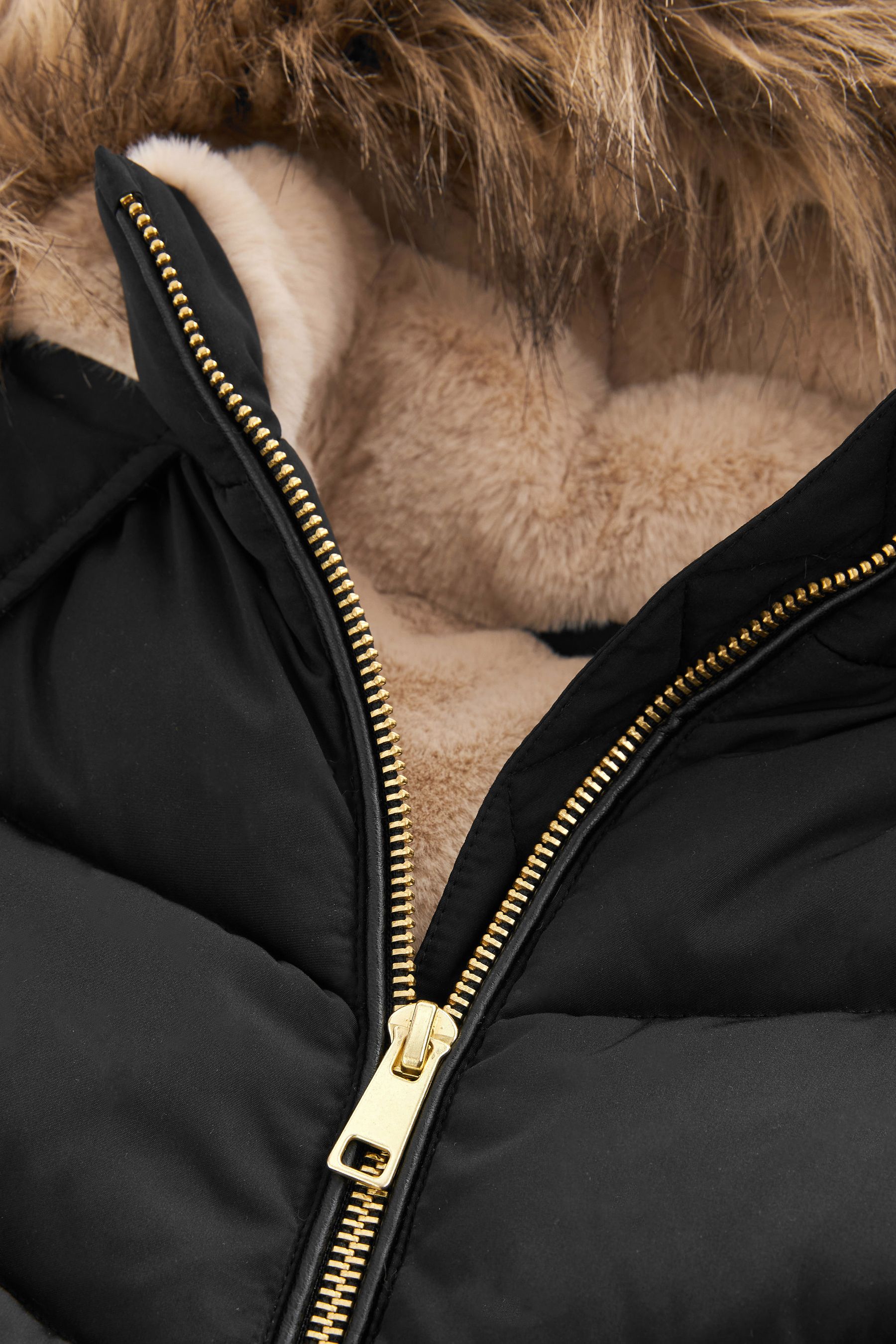 Buy Black Shower Resistant Faux Fur Trim Short Padded Coat 3