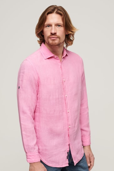 Superdry Fuchsia Pink Studios Casual Linen Long Sleeve Shirt