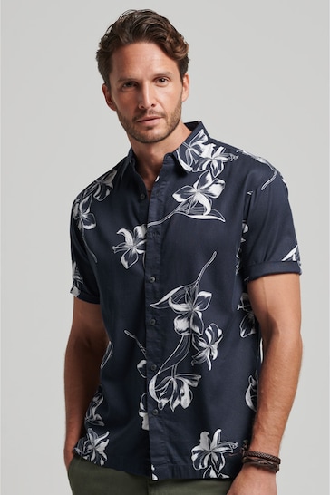 Superdry Mono Hibiscus Navy Open Collar Printed Linen Shirt