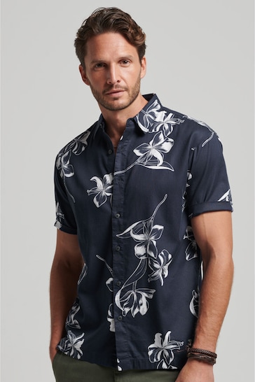 Superdry Mono Hibiscus Navy Short Sleeve Hawaiian Printed Shirt