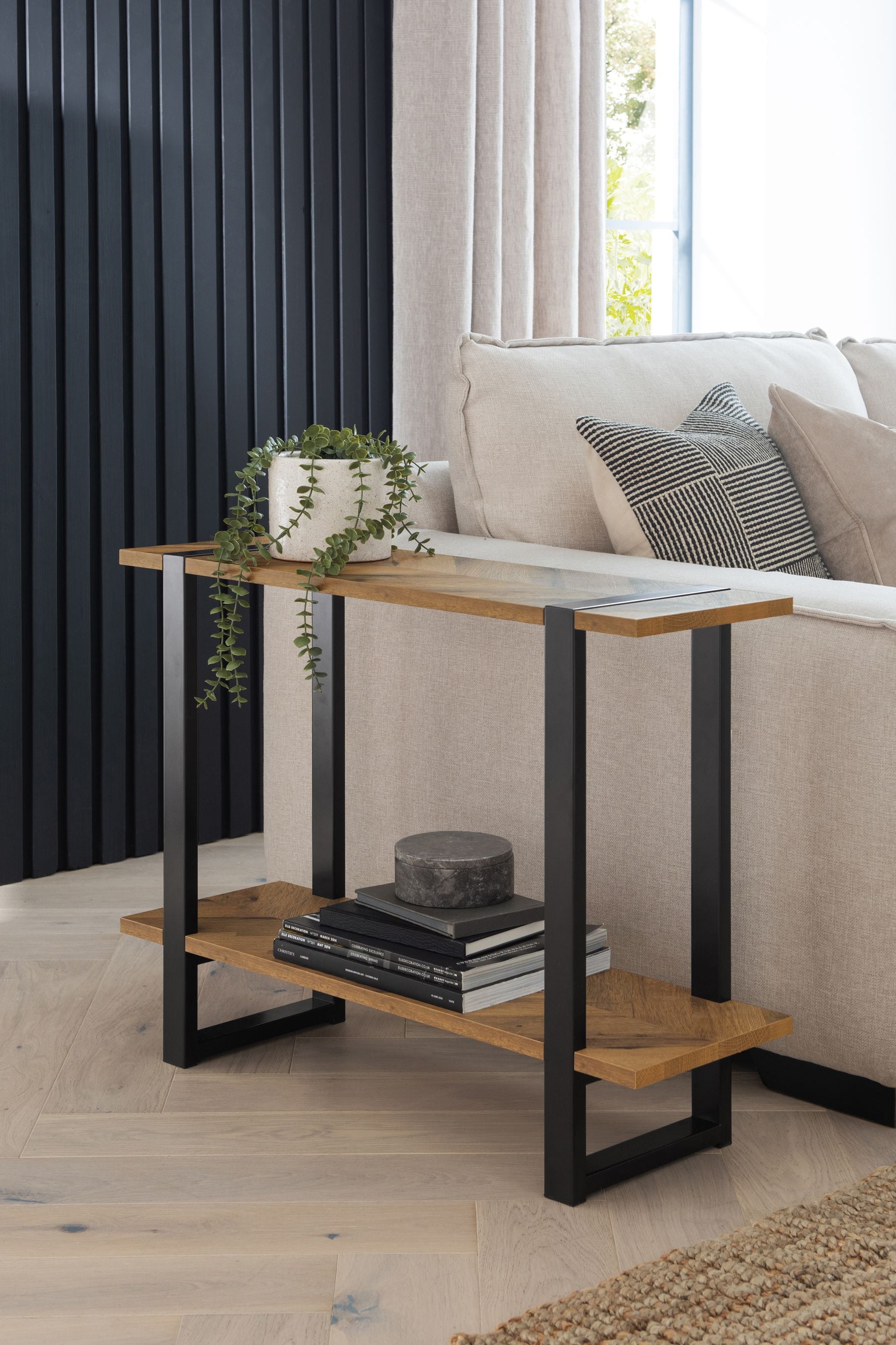Dark Bronx Chevron Oak Effect Sofa Side Table