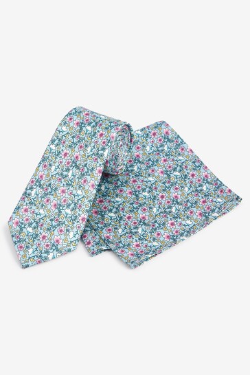 Light Blue Floral Slim Tie And Pocket Square Set