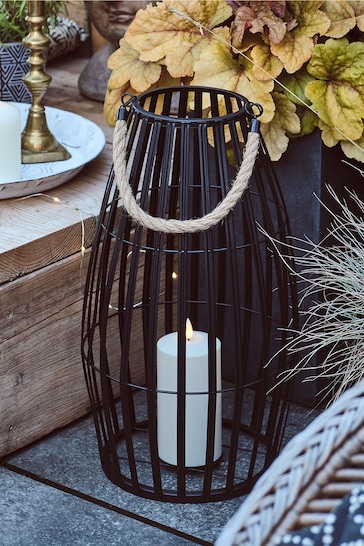 Lights4fun Black Large Slatted Outdoor Lantern with Truglow LED Candle
