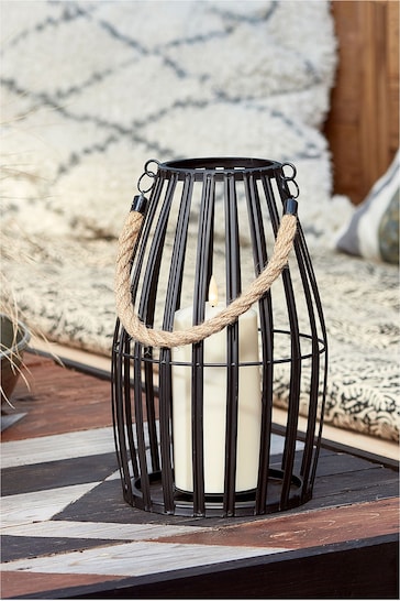 Lights4fun Black Slatted Outdoor Lantern with Truglow LED Candle