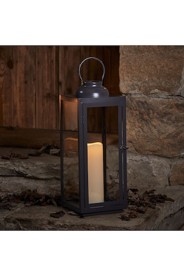 Lights4fun Grey Slate Metal Outdoor Battery Operated LED Candle Lantern