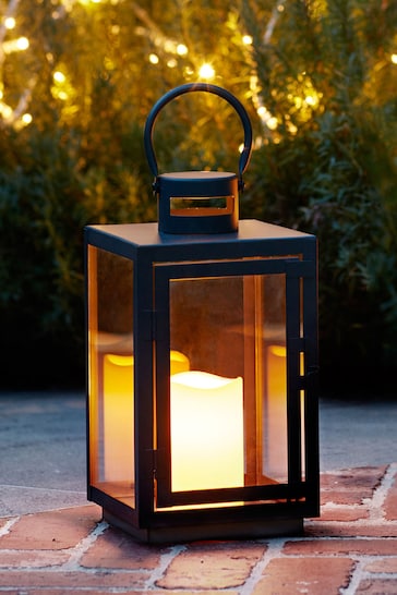 Lights4fun Black Metal Battery Operated Outdoor LED Candle Lantern