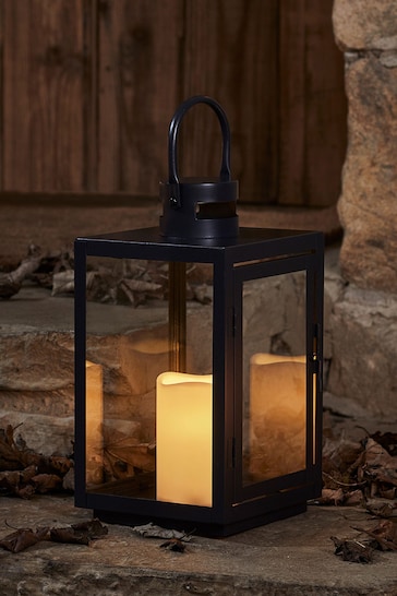 Lights4fun Black Metal Battery Operated Outdoor LED Candle Lantern