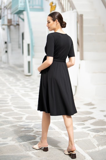 Seraphine Mock Wrap Front Black A-Line Dress