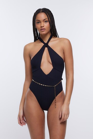 River Island Black Textured Knot Belted Swimsuit